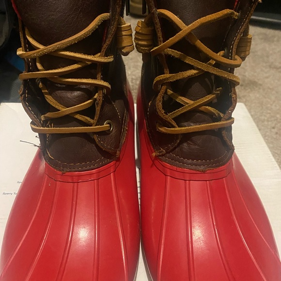SPERRY Saltwater Tan Red Rain Duck Boots Size 11 - Picture 3 of 6